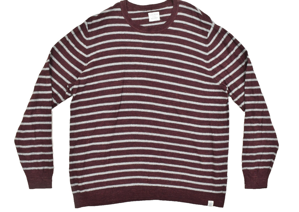 Lucky Brand Men XXL Sweater Burgundy Gray Striped Crew Neck Long Sleeve Pullover
